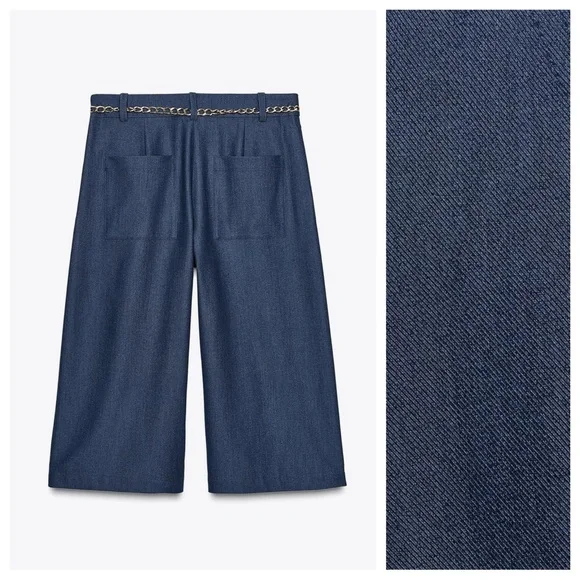 NWT. Zara Blue/Indigo High-Waisted Pleaded Long Shorts. Size S.